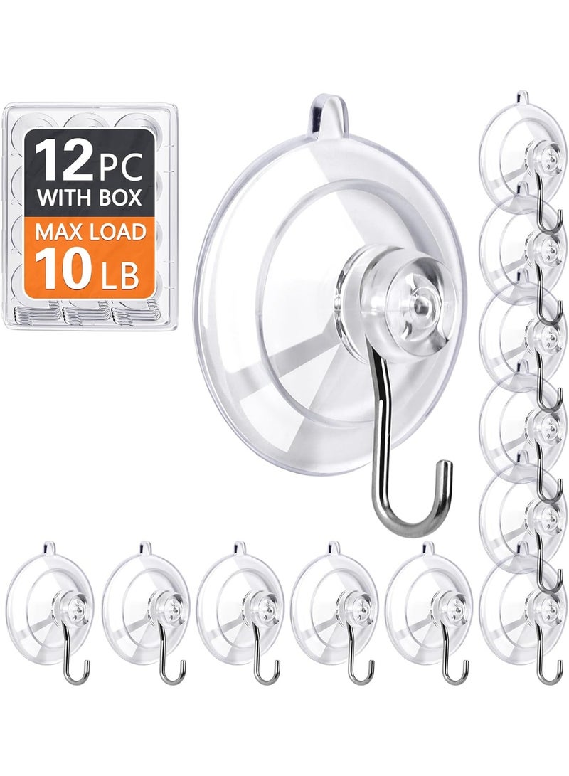 Suction Cup Hooks 12Pack - Max Load 10LB, 1.77Inch Clear Small Suction Cups, No Trace, Reusable & Removable Suction Cup with Stainless Steel Hooks, for Tile Glass Window Shower Kitchen Bathroom - Image 1